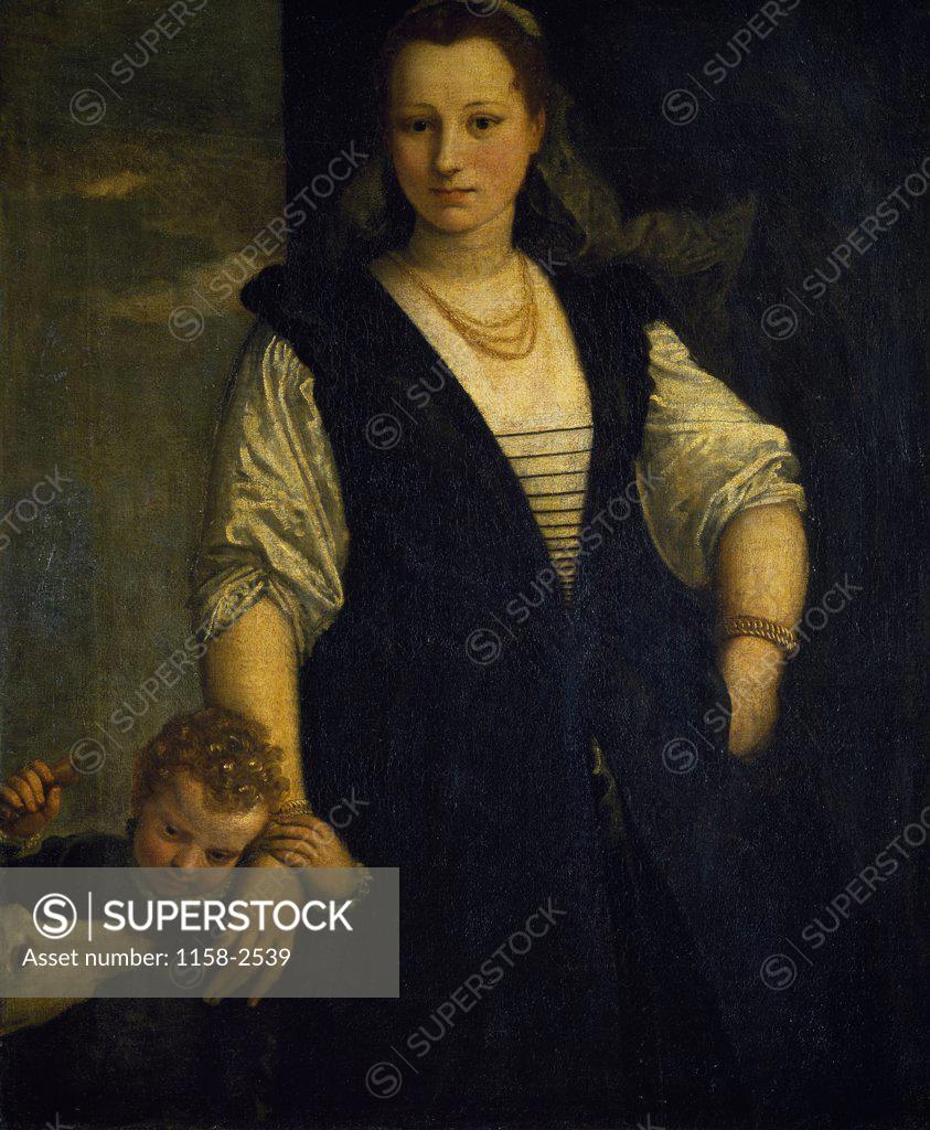Stock Photo: 1158-2539 Portrait of a Woman With Her Child and Dog by Veronese (Paolo Caliari), (1528-1588), Paris, Musee du Louvre