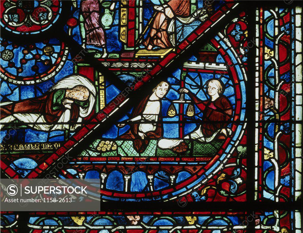 Stock Photo: 1158-2613 The Money Changers Stained Glass Chartres Cathedral, France 