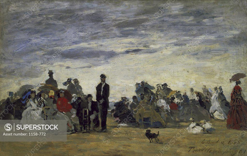 Stock Photo: 1158-772 The Beach at Trouville  (La Plage a Trouville)  1864 Eugene Louis Boudin (1824-1898/French)  Oil on canvas  Musee d'Orsay, Paris  