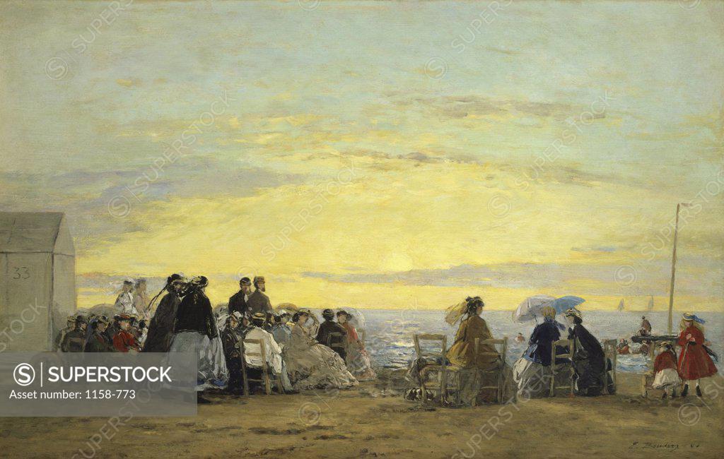 Stock Photo: 1158-773 On the Beach, Sunset Eugene Louis Boudin (1824-1898/French)  Oil on canvas  Annenberg Collection, Palm Springs, California  