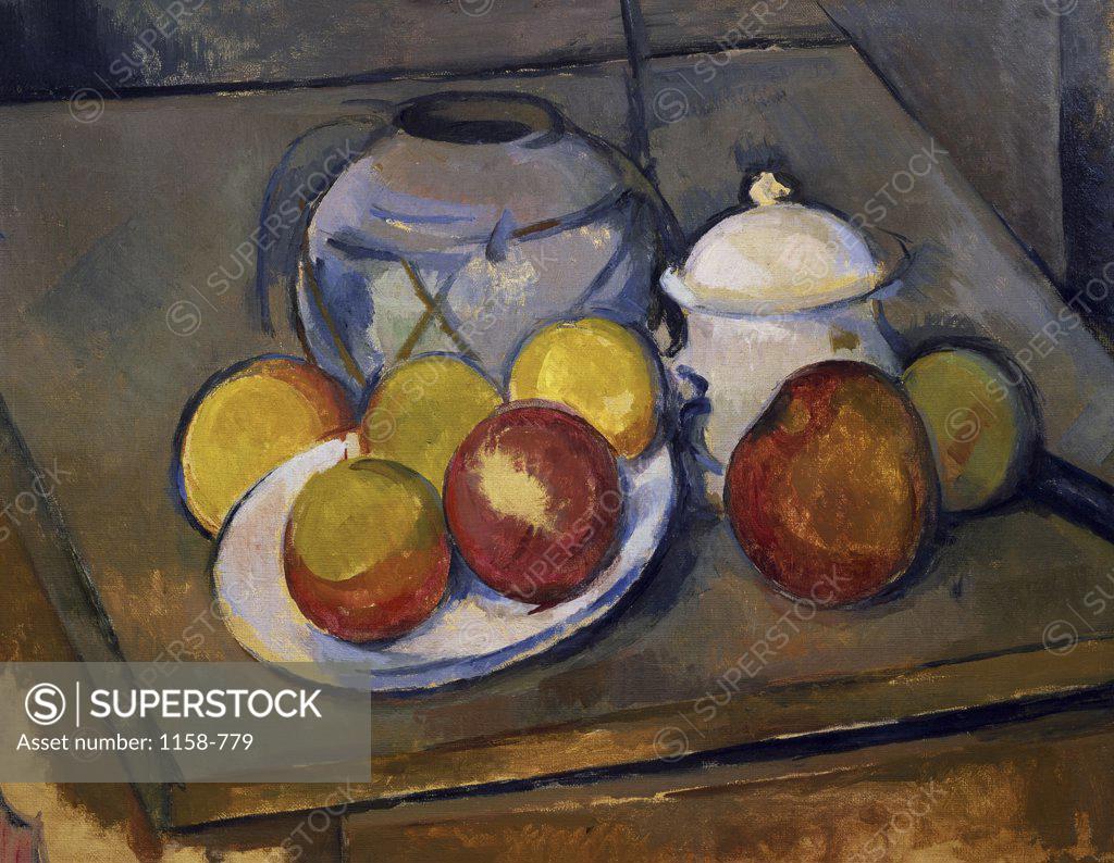 Stock Photo: 1158-779 Flawed Vase, Sugar Bowl and Apples Paul Cezanne (1839-1906 French) Oil on canvas Musee de l'Orangerie, Paris, France