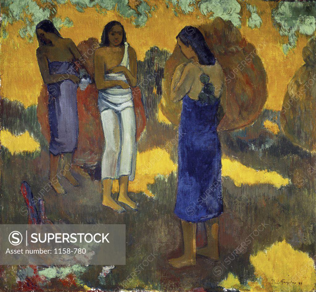 Stock Photo: 1158-780 Three Tahitian Women Against a Yellow Background, (Trois Tahitiennes sur un Fond Jaune), 1899, Paul Gauguin (1848-1903/French)