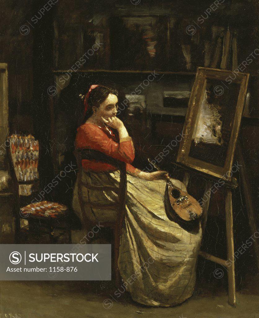 Stock Photo: 1158-876 Corot's Studio, Young Woman with a Mandolin  (L'Atelier de Corot, Jeune Femme  la Mandoline)   Jean Baptiste Camille Corot (1796-1875/French)  Musee du Louvre, Paris 
