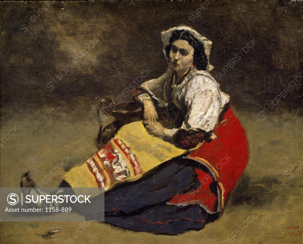 Stock Photo: 1158-889 Seated Italian Woman by Jean Baptiste Camille Corot, (1796-1875), Switzeland, Zurich, Private Collection