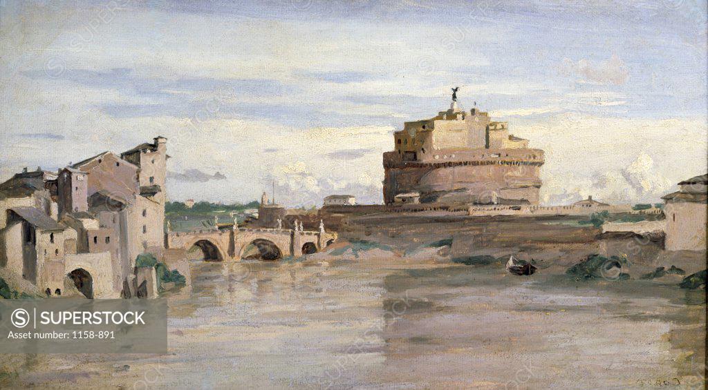 Stock Photo: 1158-891 Saint Angelo Castle and the Tiber, Rome by Jean-Baptiste Camille Corot, (1796-1875), France, Paris, Musee du Louvre