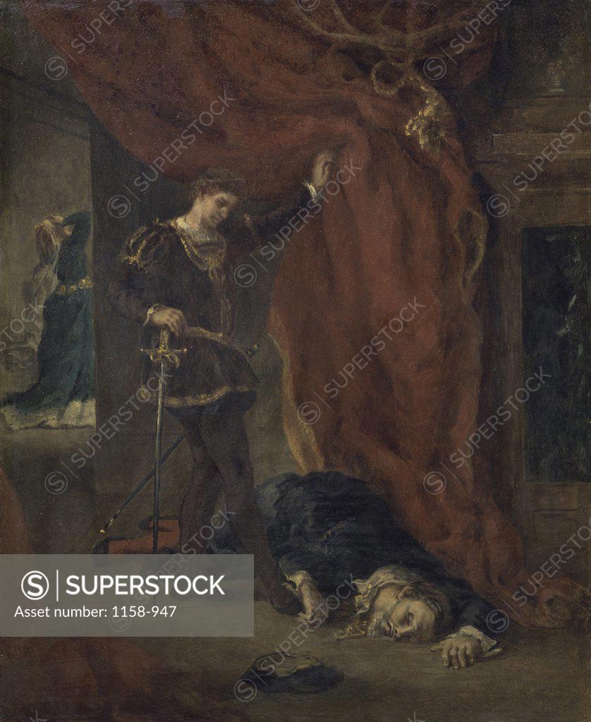 Stock Photo: 1158-947 Hamlet in Front of the Body of Polonius  Eugene Delacroix (1798-1863/French) Musee St. Denis, Rheims  
