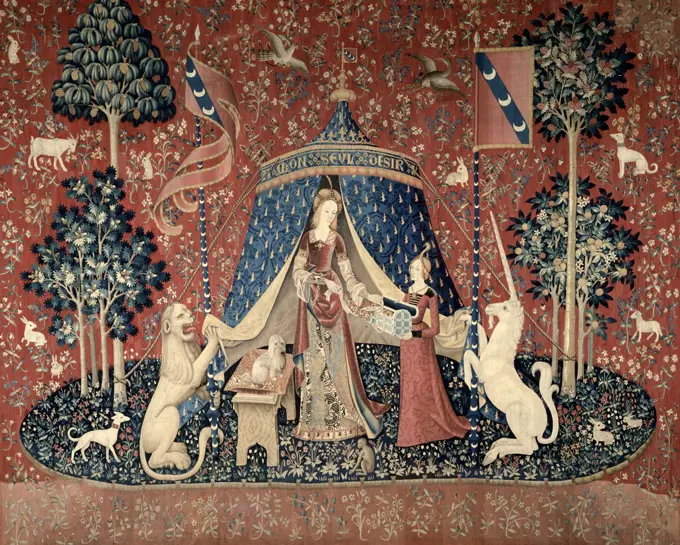 Lady and the Unicorn (La Dame Devant un Pavillon) 15th Century Tapestry (Flemish) Musee National du Moyen Age, Thermes & Hotel de Cluny, Paris, France