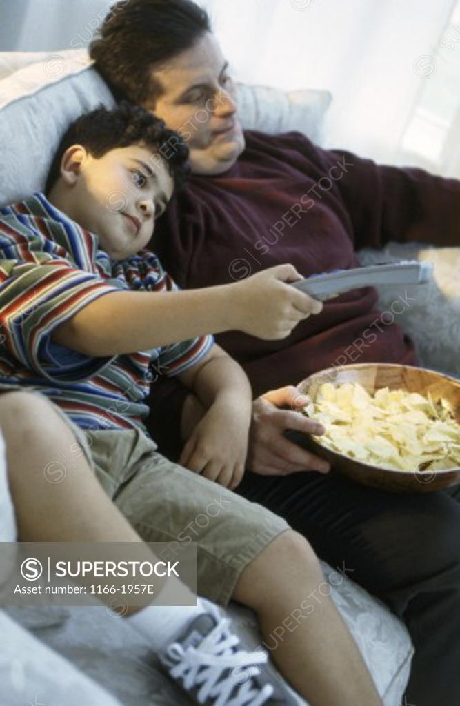 Stock Photo: 1166-1957E Father watching television with his son