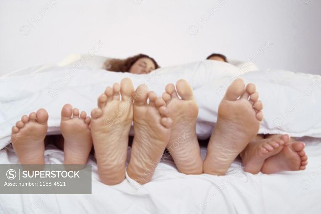 Stock Photo: 1166-4821 Mid adult couple sleeping with their son and daughter on a bed