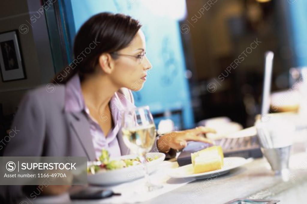 Stock Photo: 1166-4970A Side profile of a businesswoman sitting in a restaurant using a laptop