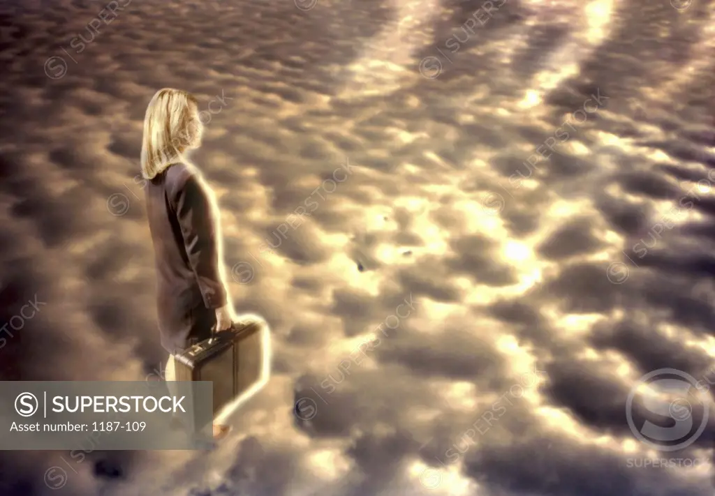 Businesswoman walking on clouds with a briefcase