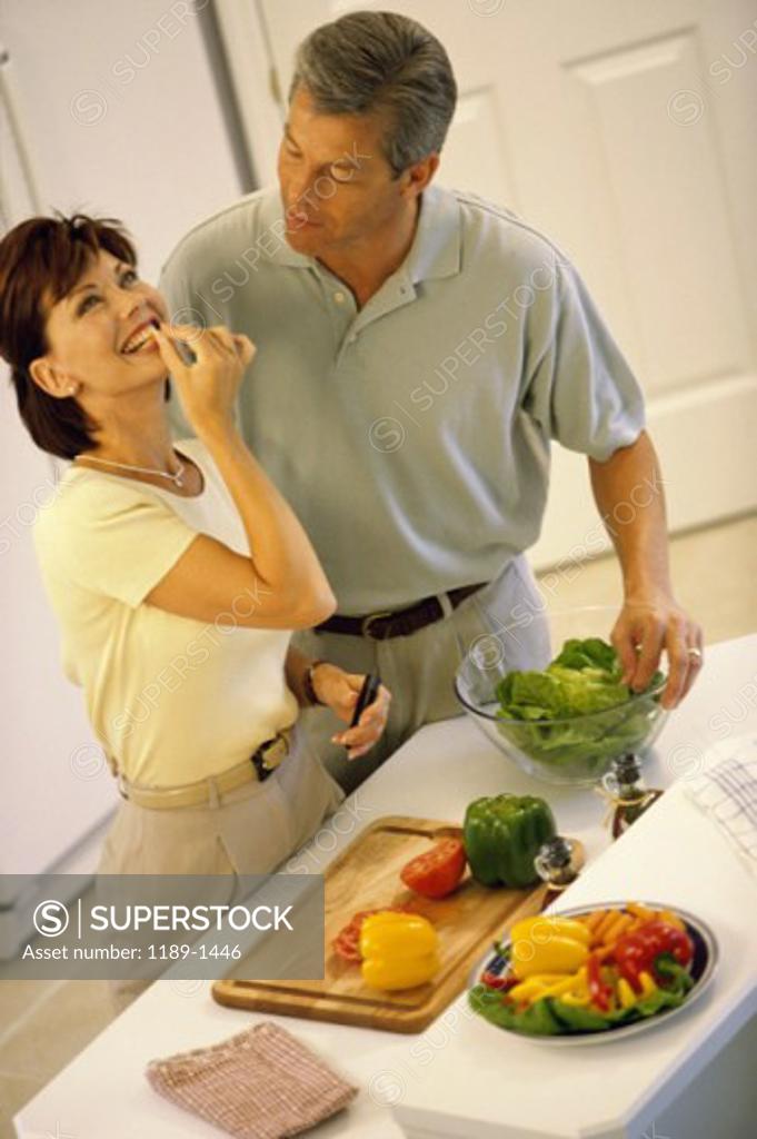 Stock Photo: 1189-1446 Mid adult couple talking to each other in a kitchen