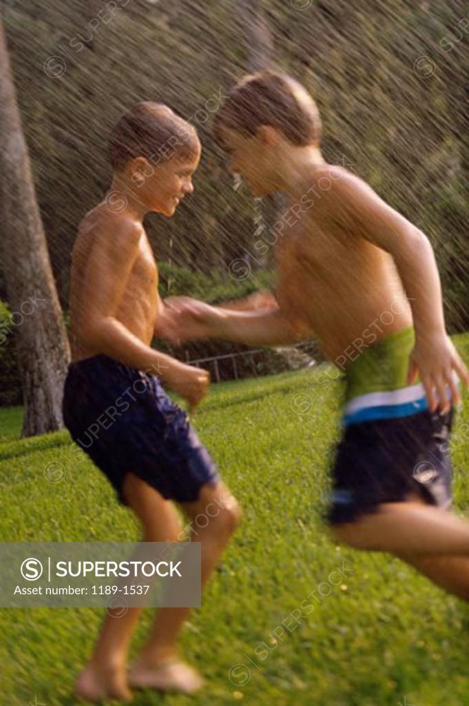 Stock Photo: 1189-1537 Side profile of two boys playing in a water sprinkler on a lawn