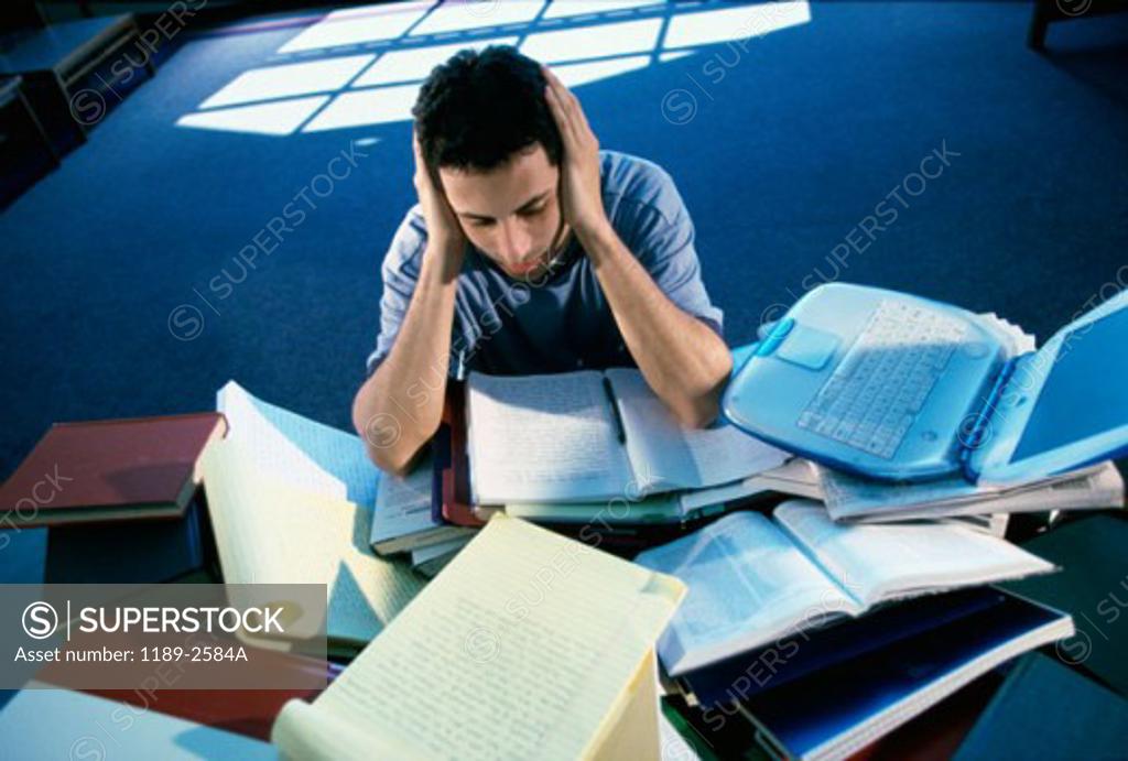 Stock Photo: 1189-2584A High angle view of a teenage boy studying