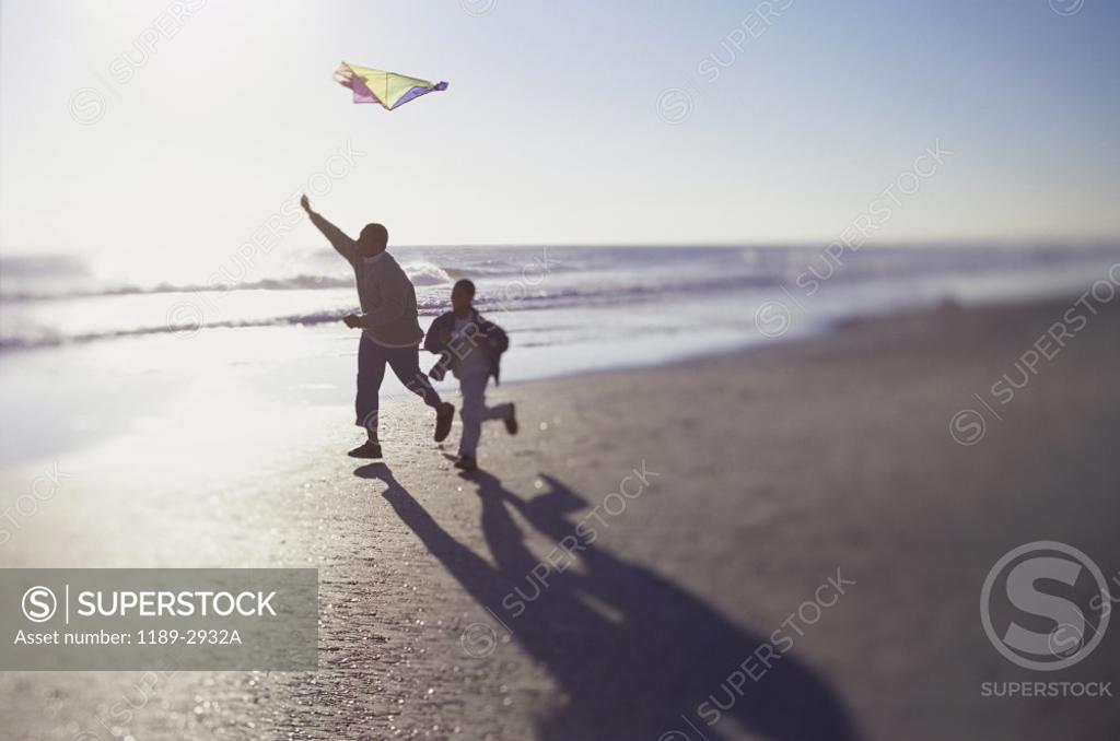 Stock Photo: 1189-2932A Silhouette of a father and his son running on the beach flying a kite