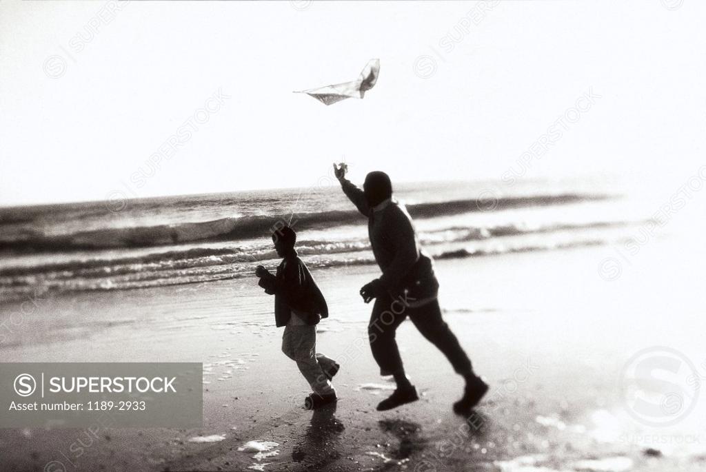 Stock Photo: 1189-2933 Father and his son flying a kite on the beach