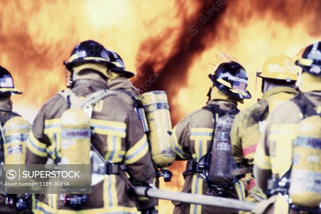 Stock Photo: 1189-3065A Rear view of a group of firefighters holding water hoses