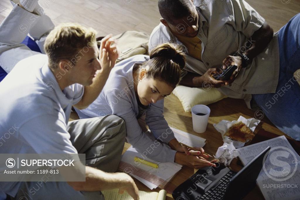 Stock Photo: 1189-813 Two young men and a young woman in front of a laptop
