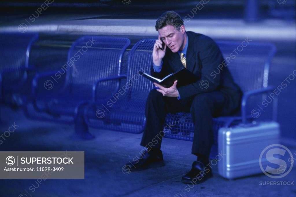 Stock Photo: 1189R-3409 Businessman talking on a mobile phone holding a personal organizer