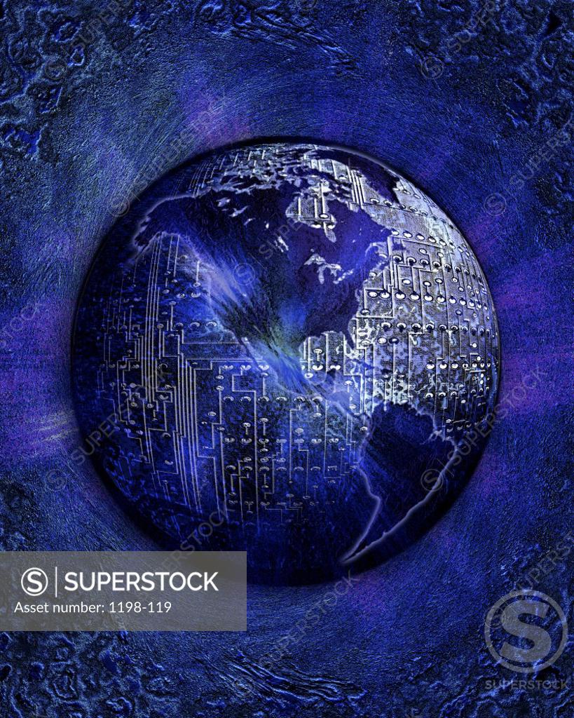 Stock Photo: 1198-119 Close-up of a circuit board superimposed over a globe