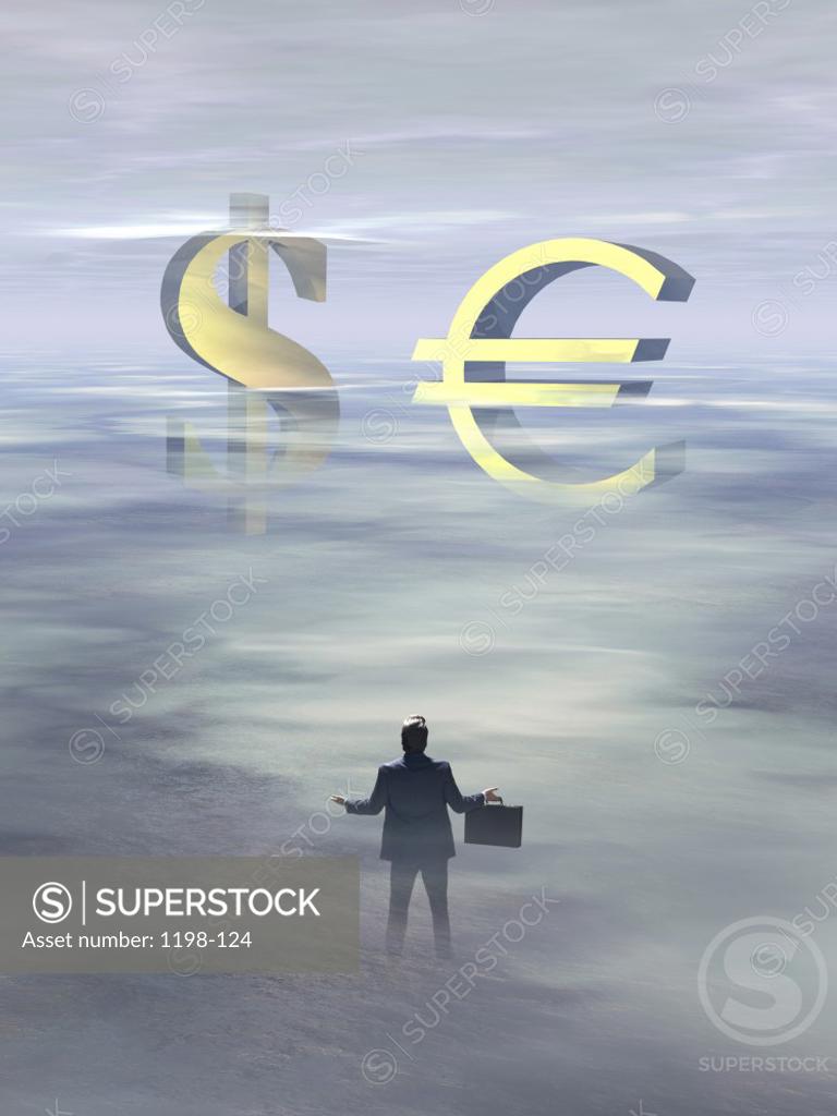 Stock Photo: 1198-124 Silhouette of a businessman standing in front of euro and dollar symbols