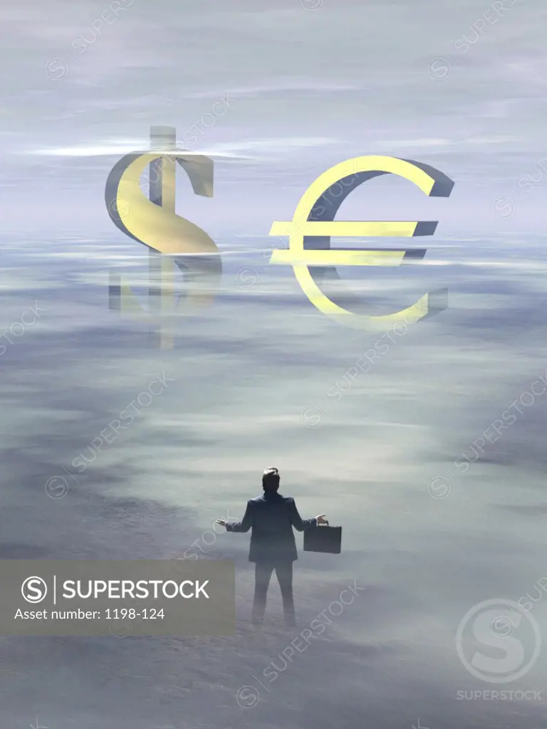 Silhouette of a businessman standing in front of euro and dollar symbols