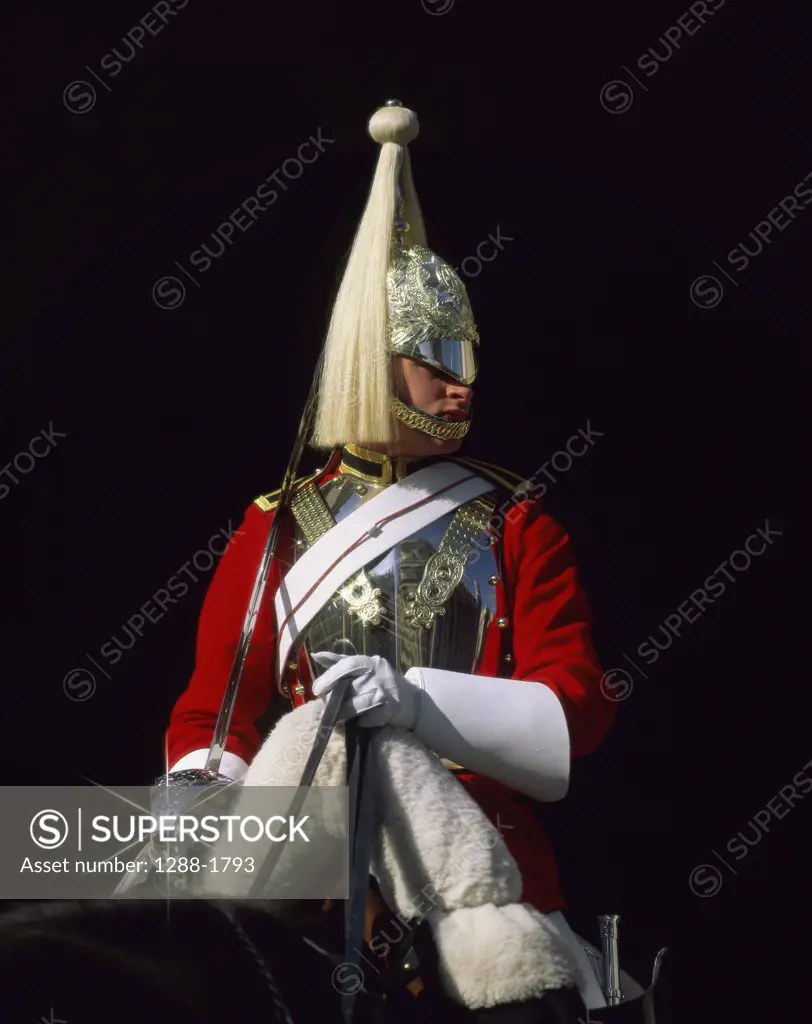 Low angle view of a horse guardsman riding a horse, London, England