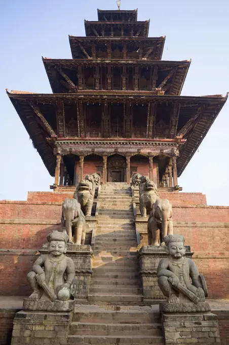Nepal, Kathmandu, Bhaktapur, Low angle view of Nyatapola Temple at Taumahdi Tole, Tallest temple in Nepal and part of UNESCO World Heritage Site