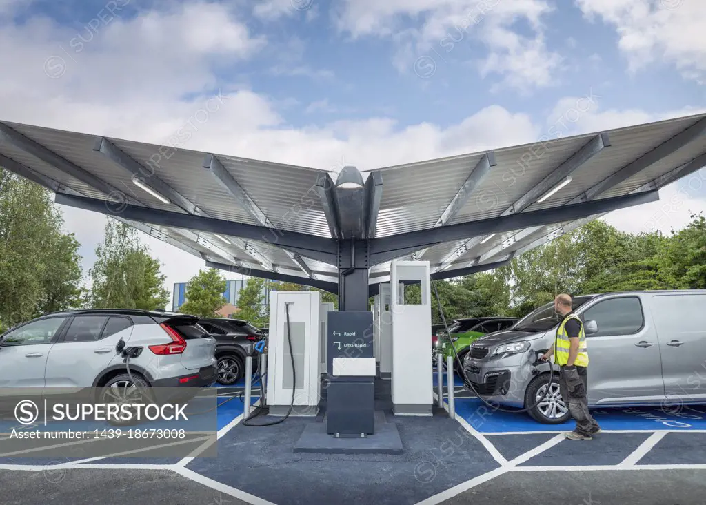 UK, York, Electric cars at charging station