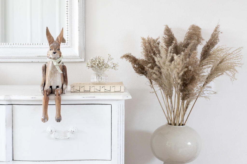 Wooden bunny and pampas grass home decor