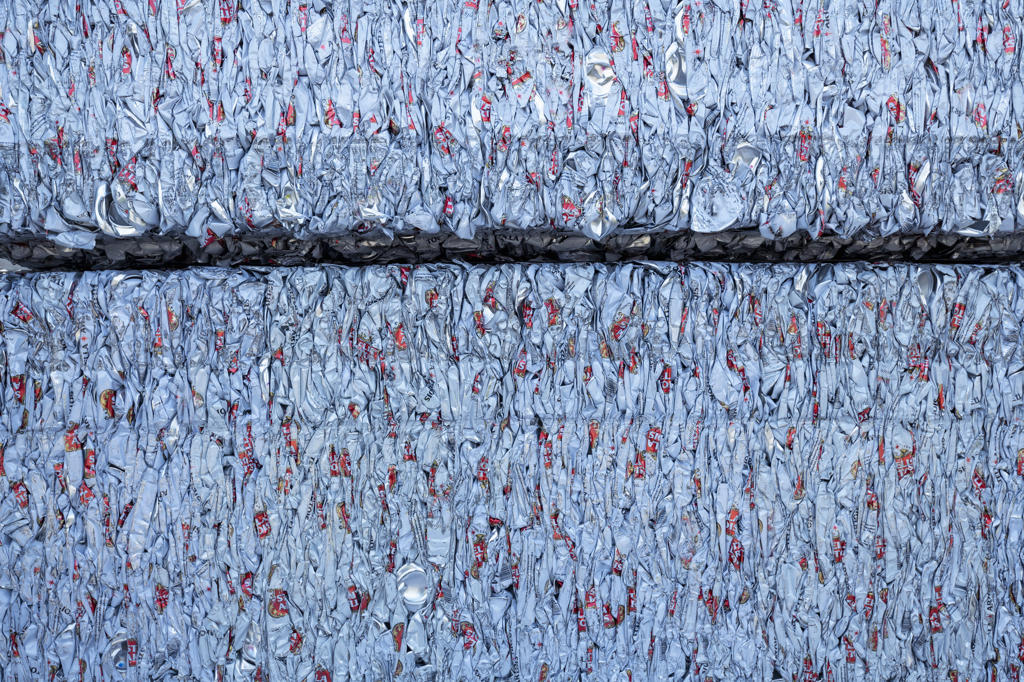 Details of crushed clean cans in aluminum can recycling factory