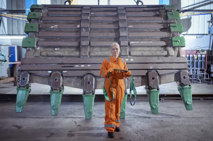 Portrait of female engineer in front of digger bucket in engineering factory