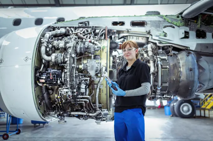 Portrait of female apprentice aircraft maintenance engineer with jet engine 