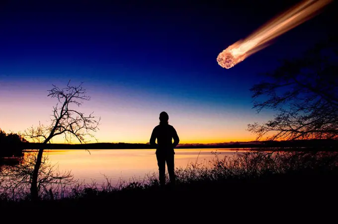 Silhouette of adult watching meteor falling in night sky