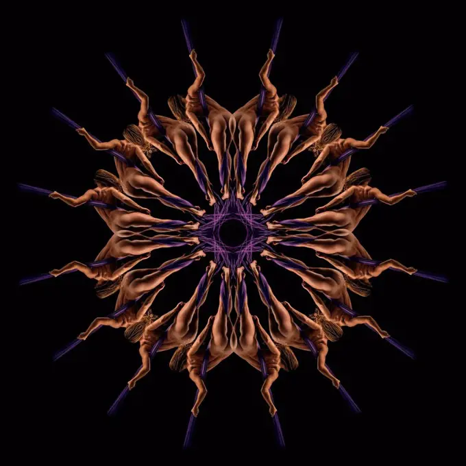 Mandala pattern created by multiple exposure of nude aerial acrobat