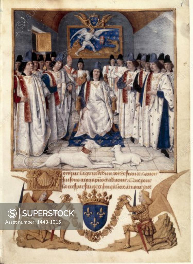 Stock Photo: 1443-1015 Louis XI at the Chapter Assembly of the St. Michael Order ca. 1469-72 Jean Fouquet (ca.1420-1480 French) Illuminated manuscript Bibliotheque Nationale, Paris, France
