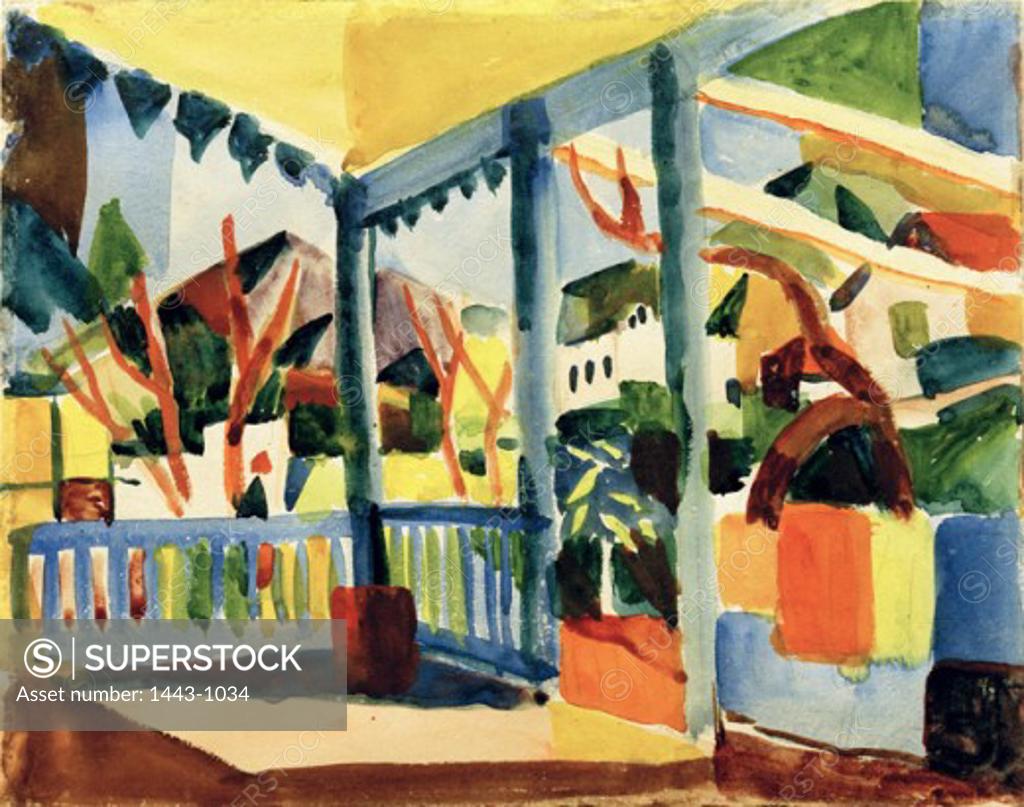 Stock Photo: 1443-1034 Terrace of the Country House of Dr. Jaeggi in St. Germain 1914 August Macke (1887-1914 German) Watercolor Westfalisches Landesmuseum, Munster, Germany
