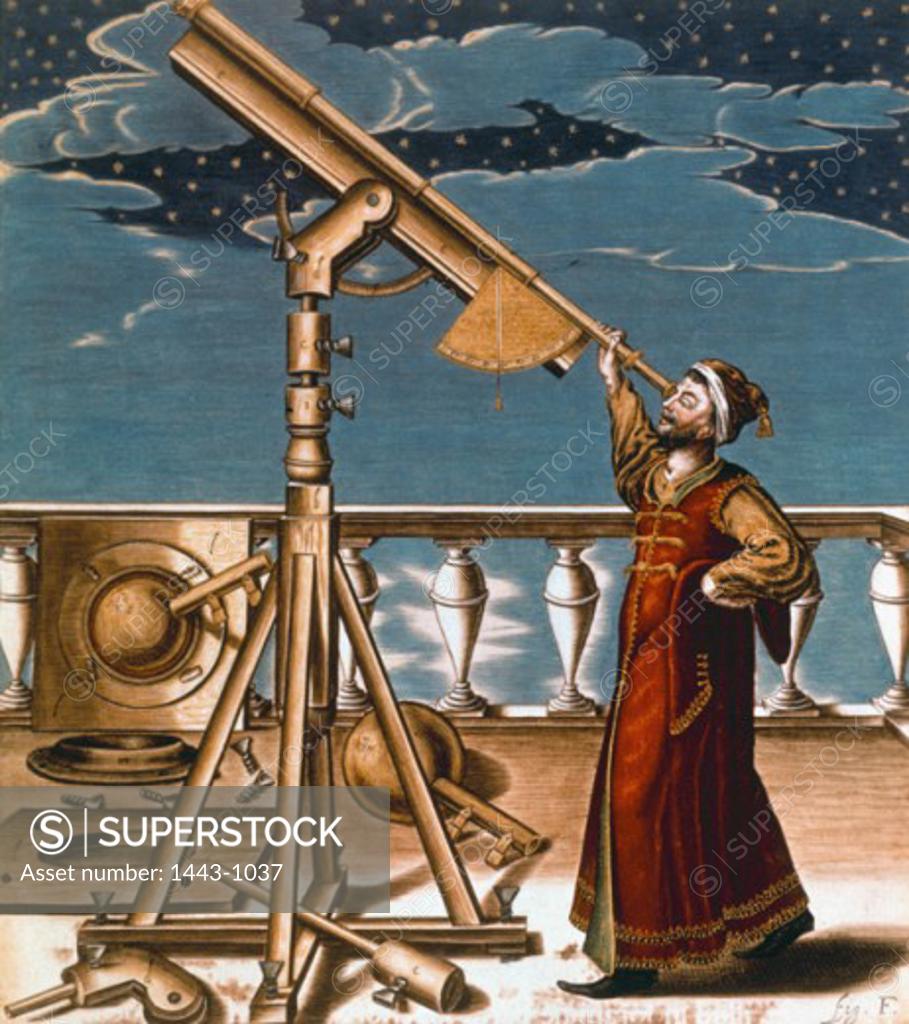 Stock Photo: 1443-1037 Astronomer Observing the Sky with a Telescope 1647 Johann Hevelius (1611-1687 German) Copper engraving Bibliotheque Nationale, Paris, France