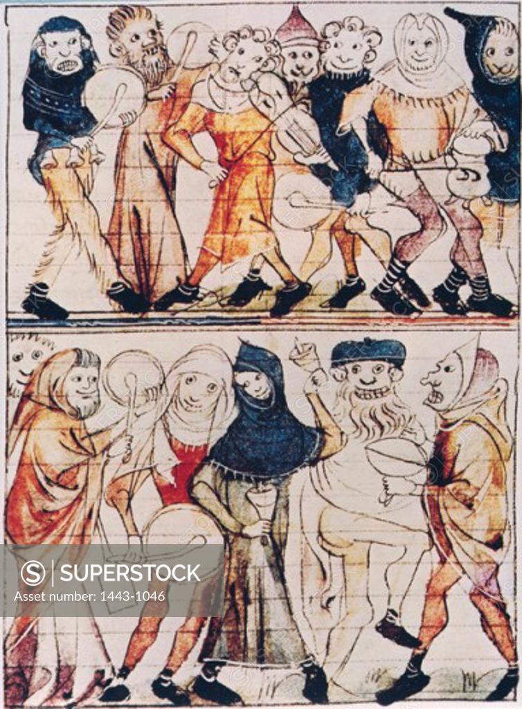Stock Photo: 1443-1046 Charivari (Carnival Masquerade) 14th C. Artist Unknown (French) Illuminated manuscript Bibliotheque Nationale, Paris, France