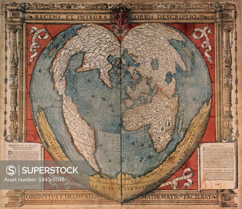 Stock Photo: 1443-1048 World Map in Heart Shape 1536 Oronce Fine (1494-1555 French) Woodcut print