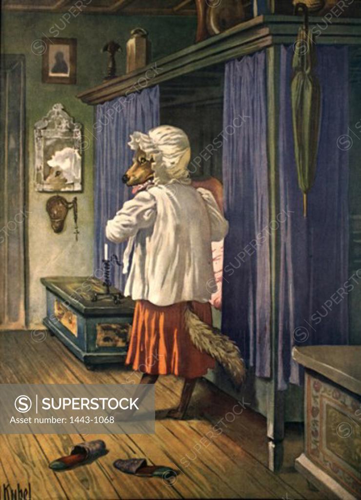 Stock Photo: 1443-1068 Red Riding Hood: The Wolf Dresses in Grandmother's Clothes Otto Kubel (1868-1951German) Color lithograph Westfalisches Schulmuseum, Dortmund, Germany