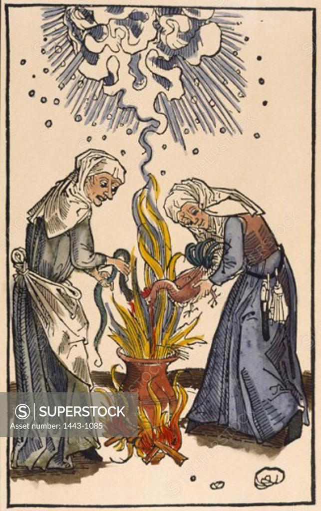 Stock Photo: 1443-1085 Two Witches Brewing Wind & Rain 1489 Artist Unknown Woodcut print