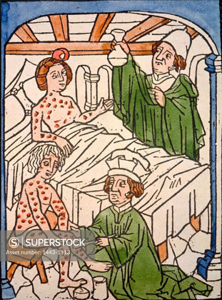 Stock Photo: 1443-1113 Doctors Treat People with Syphilis  15th C. Artist Unknown Woodcut print