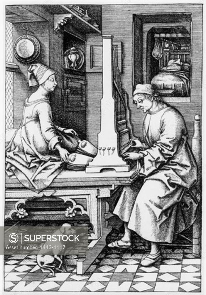 Stock Photo: 1443-1117 The Organ Player  2nd Half of 15th C. Adolf von Meckel (15th C.) Copper engraving