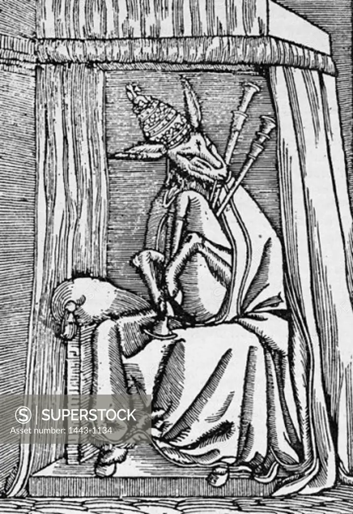 Anti-Catholic Satire: The Pope as an Ass with Bagpipes 1545 Lucas Cranach the Younger (1515-1586 German) Woodcut print