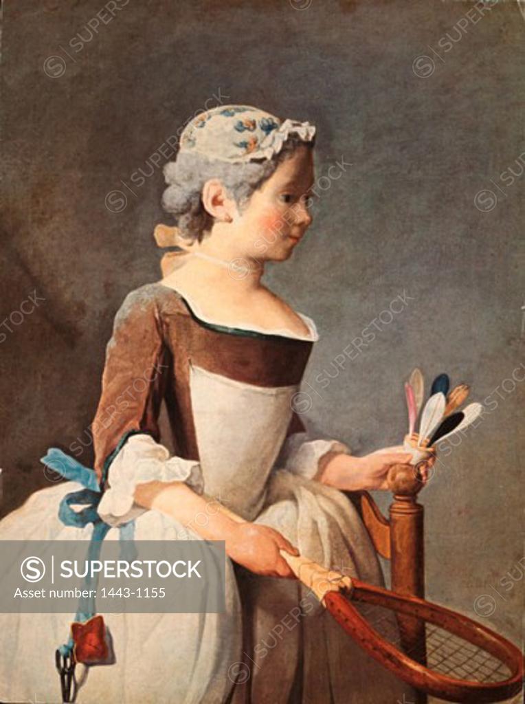 Stock Photo: 1443-1155 Girl with Racket & Shuttlecock  1737-1741 Jean-Simeon Chardin (1699-1779 French) Oil on canvas Galleria degli Uffizi, Florence, Italy