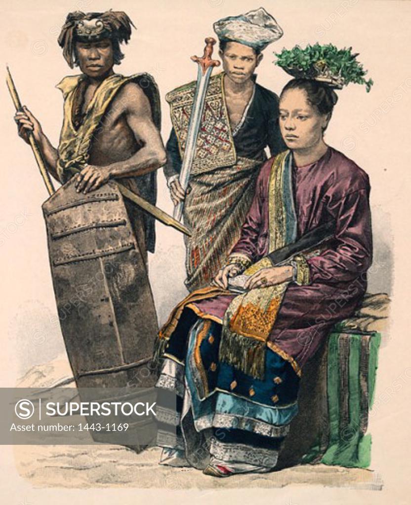 Stock Photo: 1443-1169 Asians: Dayaks of Borneo & Princess 1880 Artist Unknown Colored wood cut Collection of Archiv for Kunst & Geschichte, Berlin, Germany