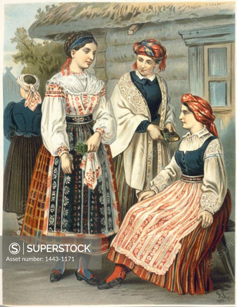 Stock Photo: 1443-1171 Lithuanian Traditional Costume  1889 Albert Kretschmer (1825-1891 German) Color lithograph