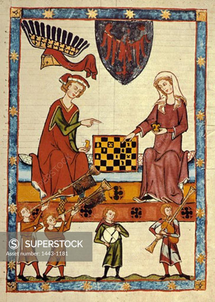 Stock Photo: 1443-1181 Margrave Otto IV of Brandenburg with a Woman Playing Chess Ca. 1310-1340 Artist Unknown Illuminated manuscript Ruprecht-Karls-University Library, Heidelberg, Germany
