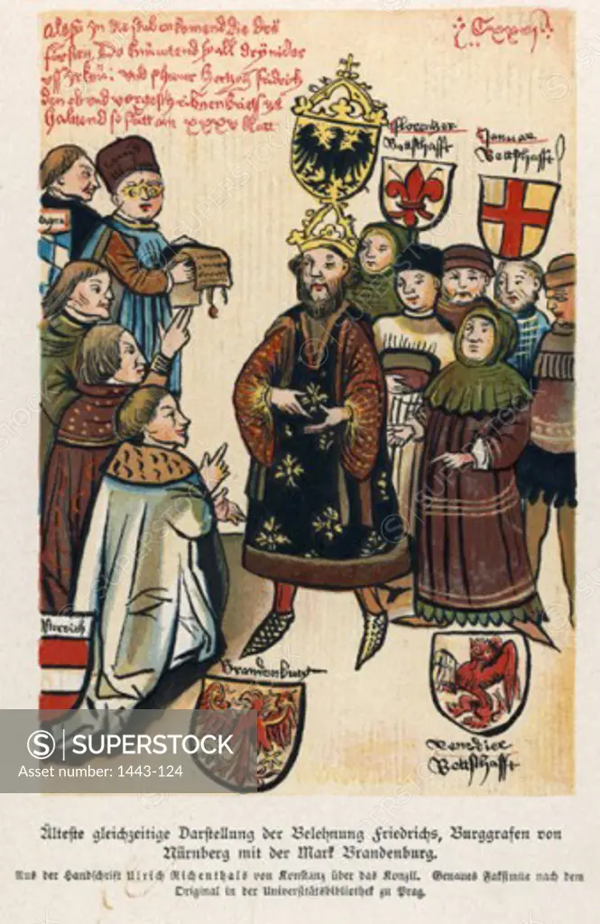 Frederick I Receives the Title of Electorate of the Mark of Brandenburg by Emperor Sigismund 1417 Artist Unknown Illuminated manuscript University Library, Prague, Czech Republic